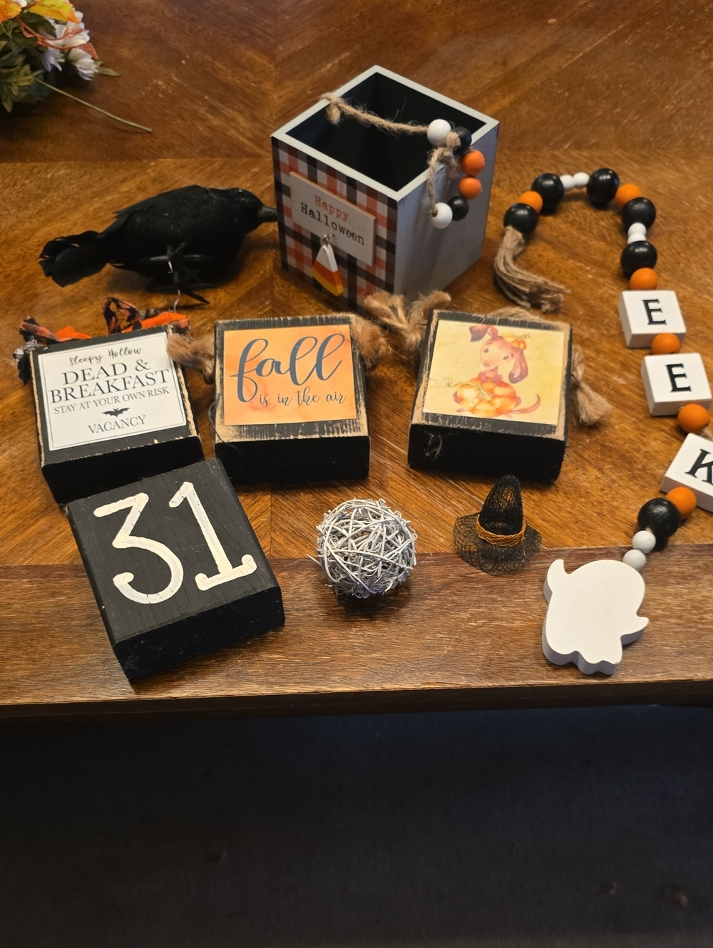 Halloween Fall Decorative Wooden Blocks & Bead Garland Set - Black & Orange